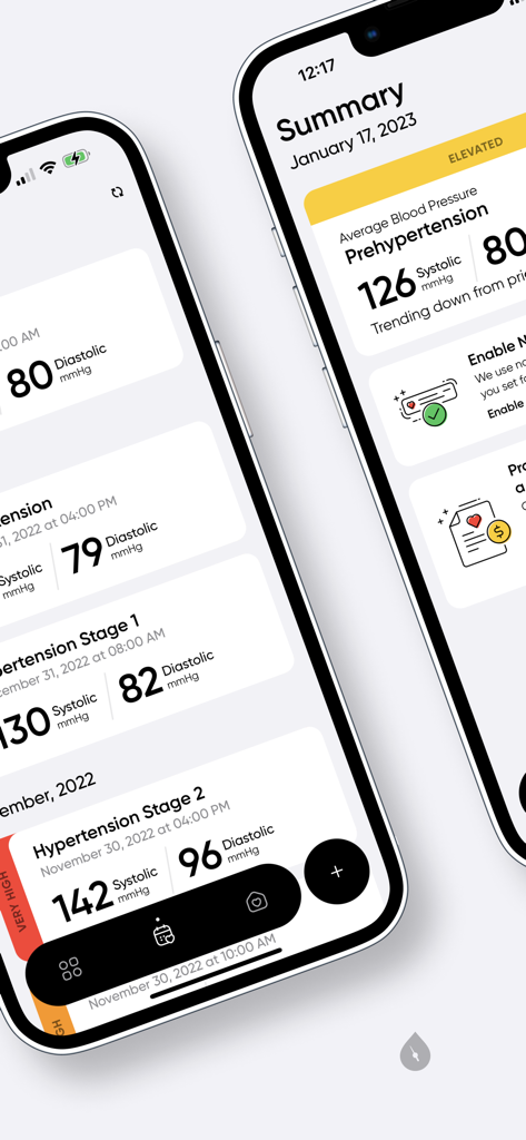 Interface of the Simple Blood Pressure Tracker app showing health summary and historical blood pressure readings.