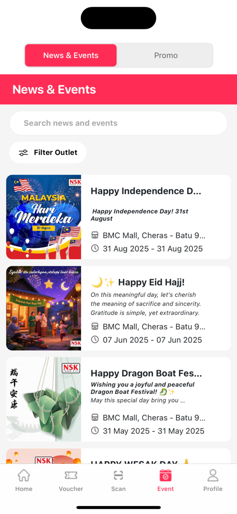 NSK Trade City - Screenshot of the NSK Trade City app News and Events screen showing holiday announcements and event locations
