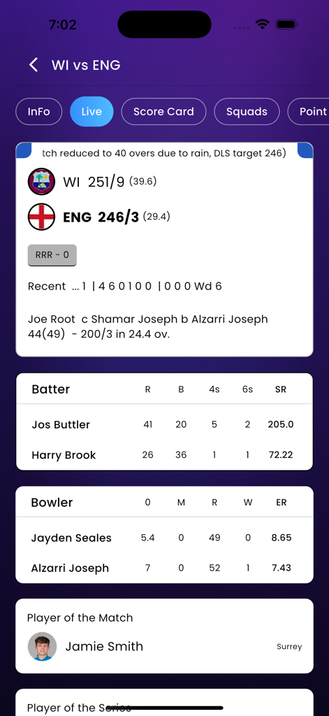WebCric – Live Cricket HD - Live cricket match scoreboard showing West Indies versus England with real time player and bowler stats