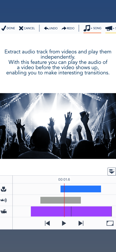Interfaccia dell'app Videocraft che mostra come estrarre e modificare le tracce audio in modo indipendente su una timeline video.