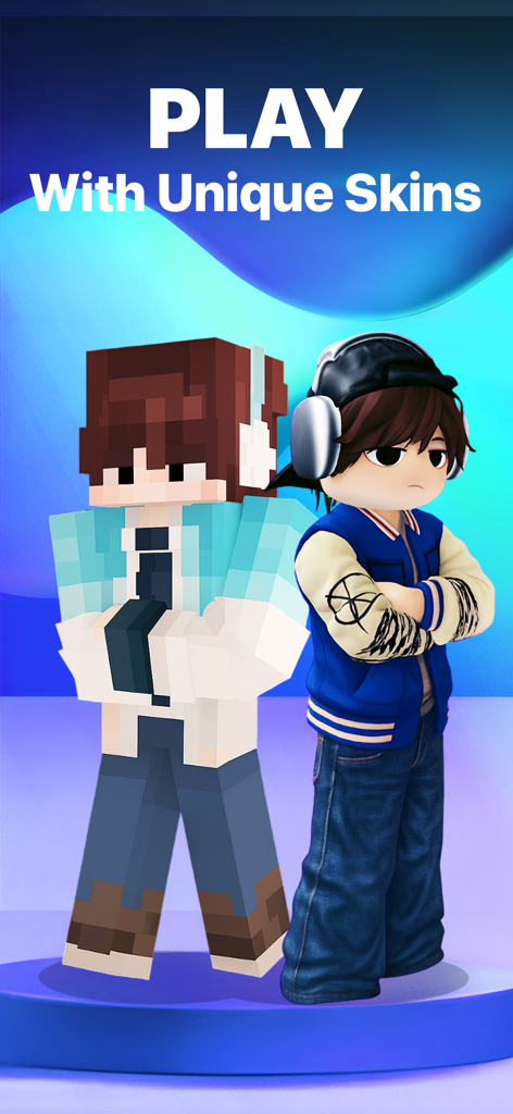 Minecraft and Roblox characters standing side by side showcasing unique custom skins with the title Play With Unique Skins.