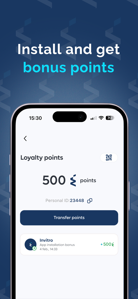InvitroZen - Pantalla de puntos de fidelidad en la aplicación InvitroZen que muestra 500 puntos como bonificación por instalación nueva