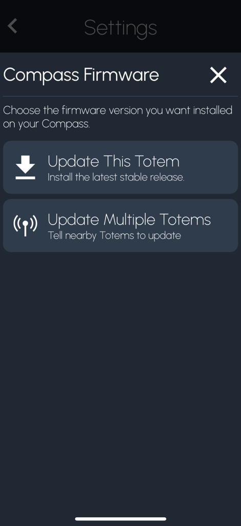 Settings screen in the Totem app showing options to update firmware for one or multiple Totem Compass devices.