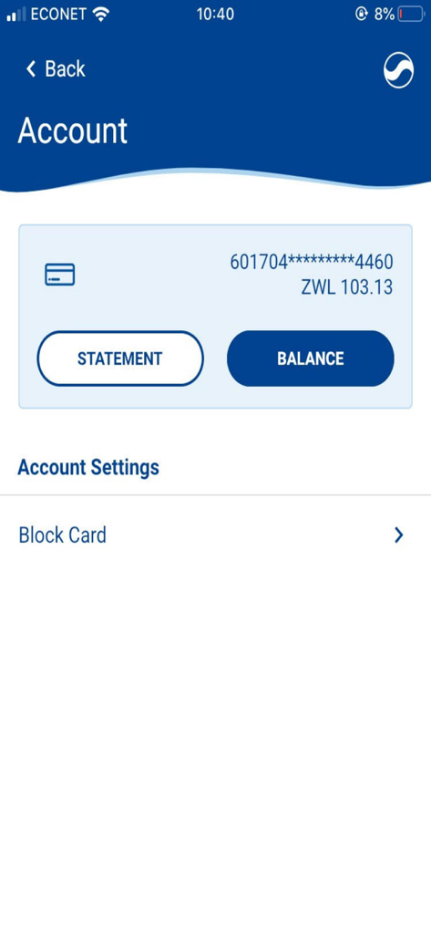 FBC Mobile - FBC Mobile app account screen showing ZWL balance and card management options