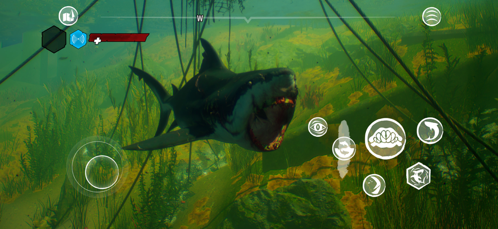 A large bull shark with open jaws swimming through an underwater environment in the Maneater mobile game