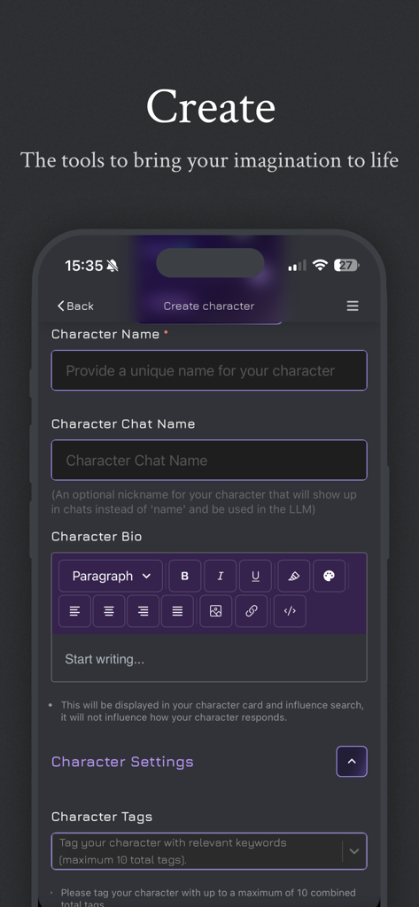 Janitor AI - Interface of Janitor AI app showing the character creation form with fields for name, bio, and tags