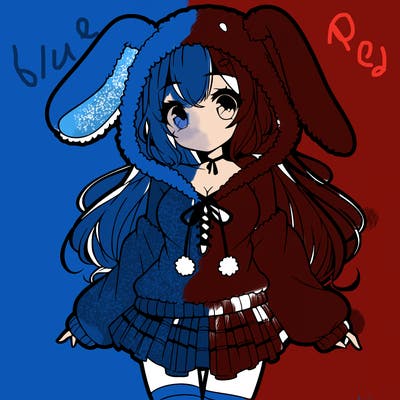 pretty anime girl wearing a fluffy hoodie with bunny ears on the hood and a skirt