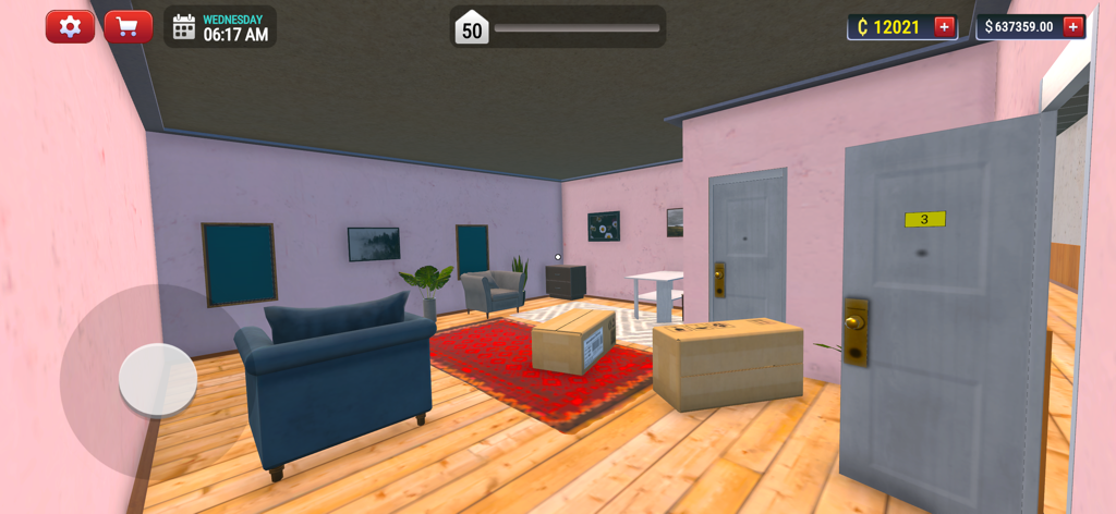 My Hotel Simulator 3D - Visão 3D em primeira pessoa de mobiliar um quarto de hotel com um sofá e caixas em My Hotel Simulator 3D