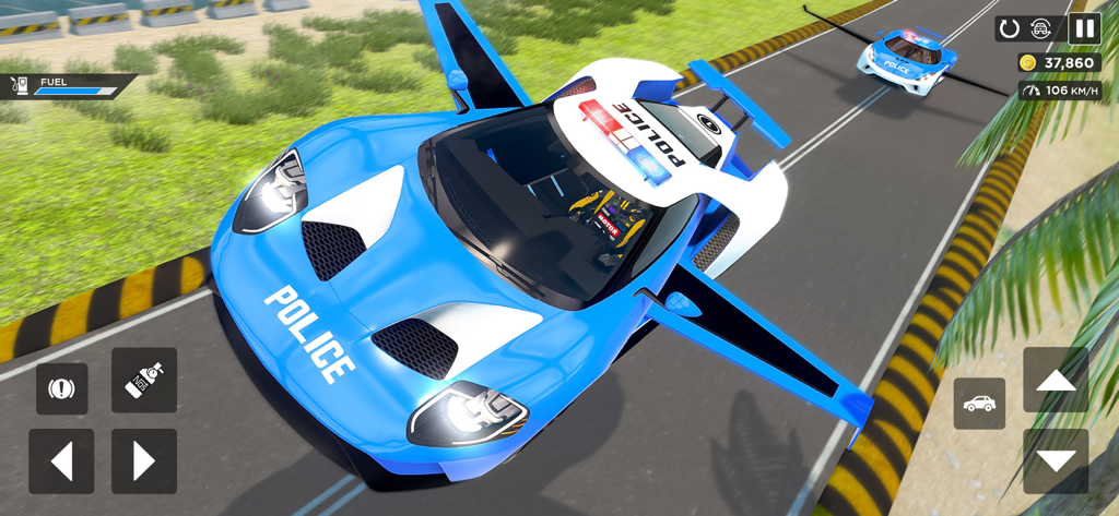 Flying Car Game: Police Games - A blue and white police car with wings flying over a road in a 3D mobile game