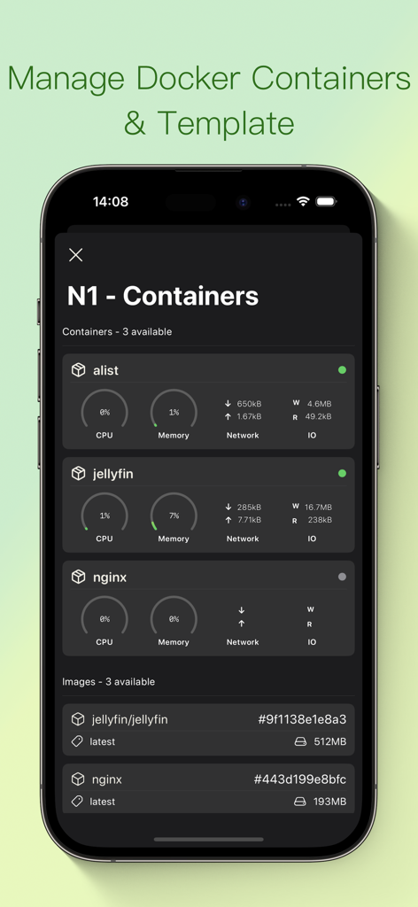 ShellBeanアプリのインターフェース。alist、jellyfin、nginxコンテナのCPU、メモリ、ネットワークメトリックを表示するDockerコンテナ管理を表示しています。