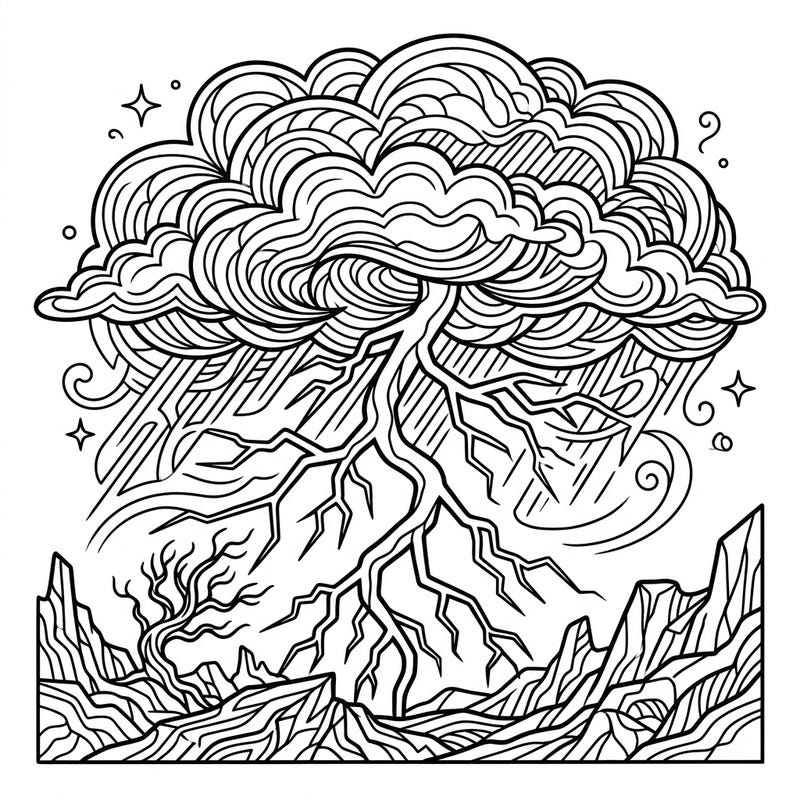 Experience the raw power of nature with this captivating ground-to-cloud lightning coloring page. Dive into a dynamic scene of swirling clouds, pouring rain, and a powerful electrical discharge, offering a thrilling coloring challenge.
