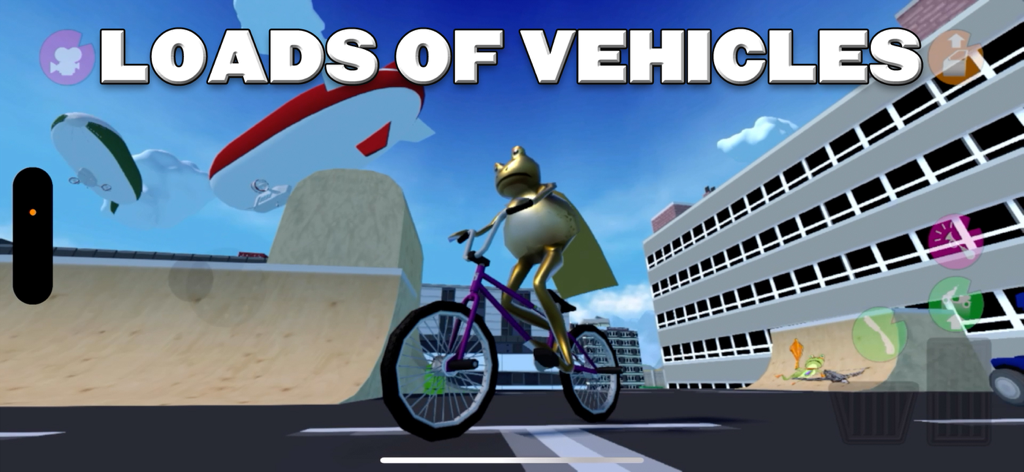 Amazing Frog? - A golden frog with a cape riding a purple bicycle in a skate park with blimps flying in the background