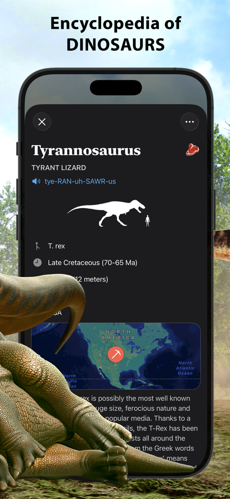 World of Dinosaurs - A smartphone screen displaying the encyclopedia entry for a Tyrannosaurus Rex in the World of Dinosaurs app.
