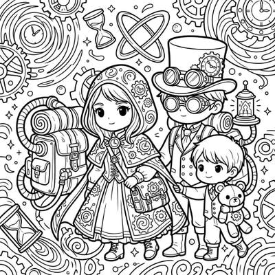 Embark on an epic coloring adventure with our 'Time Refugees' steampunk design, crafted for adults seeking intricate detail and creative escape. This captivating page features adorable chibi characters amidst a rich tapestry of gears and temporal motifs, promising hours of mindful coloring.