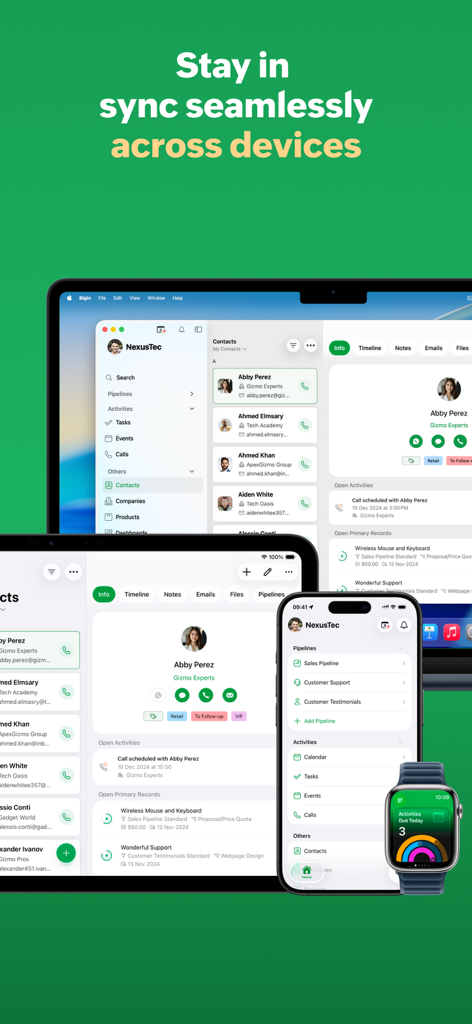 Bigin CRM dashboard synchronized across iPhone, iPad, Mac, and Apple Watch