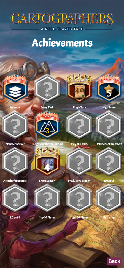 Cartographers - Le menu des succès de l'application Cartographers montrant une liste de trophées gagnés et verrouillés.