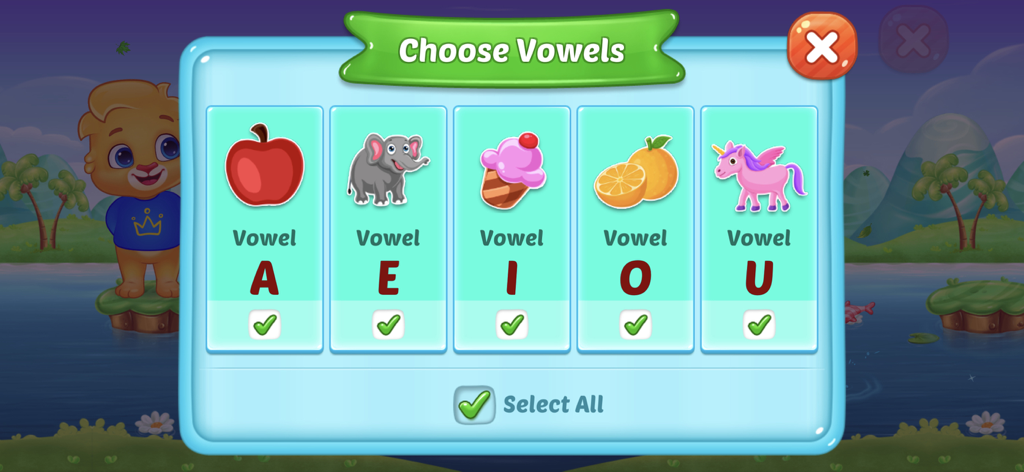 ABC Spelling - Spell & Phonics - Vowel selection menu in ABC Spelling app showing A for apple, E for elephant, I for ice cream, O for orange, and U for unicorn.
