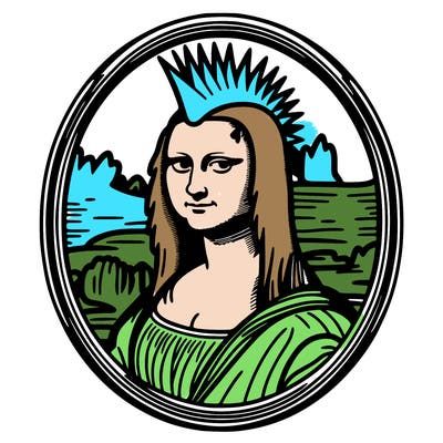 leonardo da vinci's "mona lisa" with punk hairstyle, realistic, thin borders