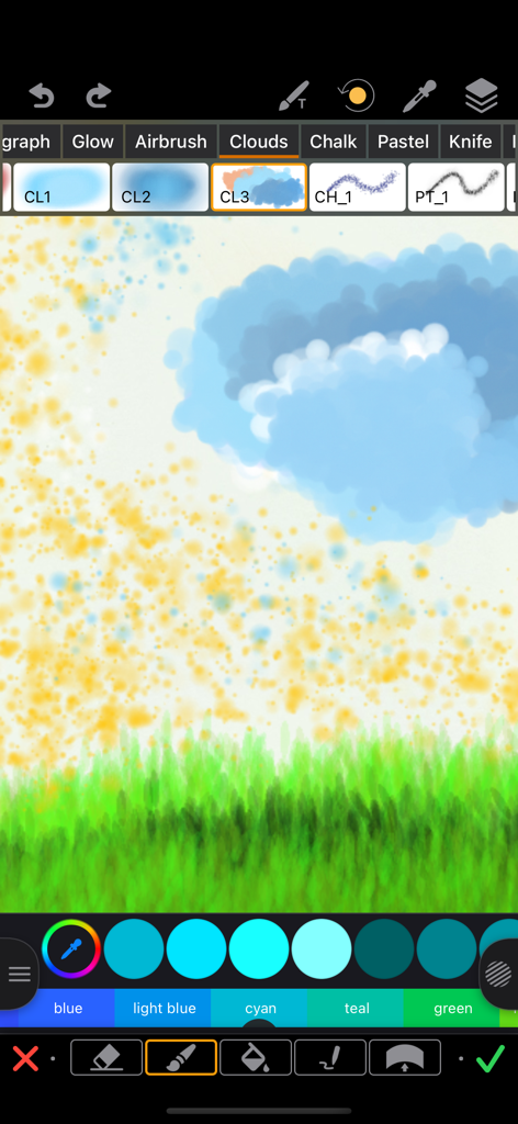 ReColor - Art Photo Editor - Una captura de pantalla de la interfaz de la app ReColor mostrando varios pinceles de dibujo y un boceto de paisaje con nubes y hierba