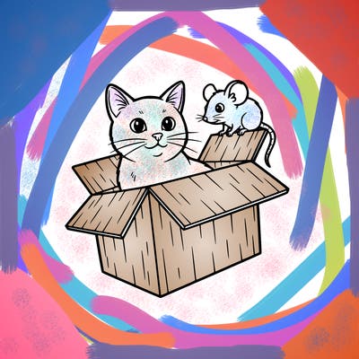 cat sitting in a box with a pet mouse