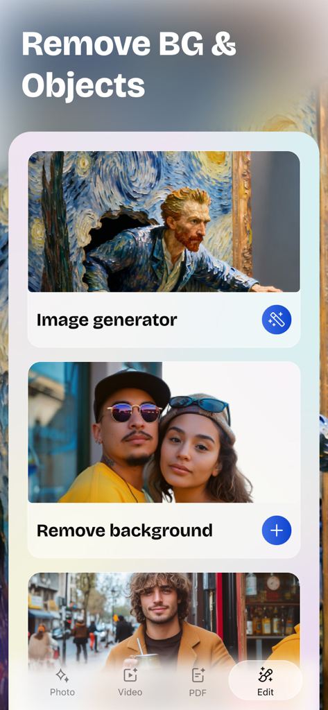 Artguru - AI Photo Enhancer - Artguru app interface with AI image generator and background removal tools
