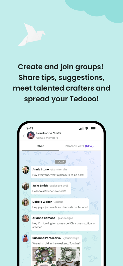 Tedooo - Tedooo app interface showing a handmade crafts social group where members chat and share DIY project photos