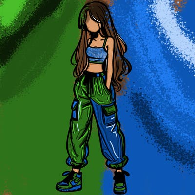 girl in baggy pants crop top and long hair