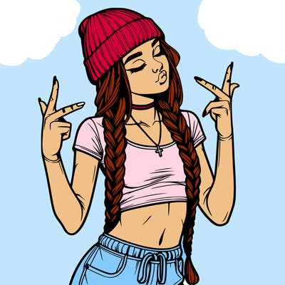 realistic teenage girl with braids and a beanie and crop top doing 🫶🏼