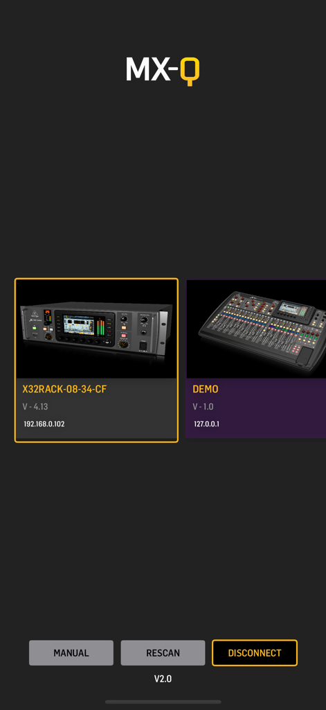 MX-Q app interface showing connection options for Behringer X32 and Midas digital mixers