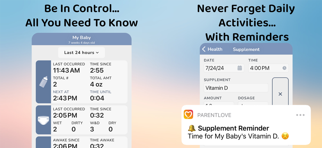 ParentLove app screenshots showing baby activity summaries for feeding and diapers plus a supplement reminder notification.
