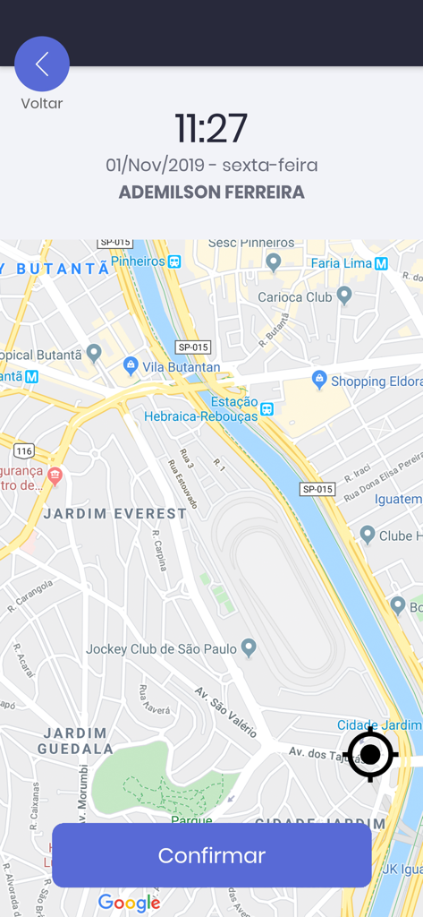 RHiD - Interfaz de la aplicación RHiD que muestra la geolocalización del empleado en un mapa para la confirmación de tiempo y asistencia