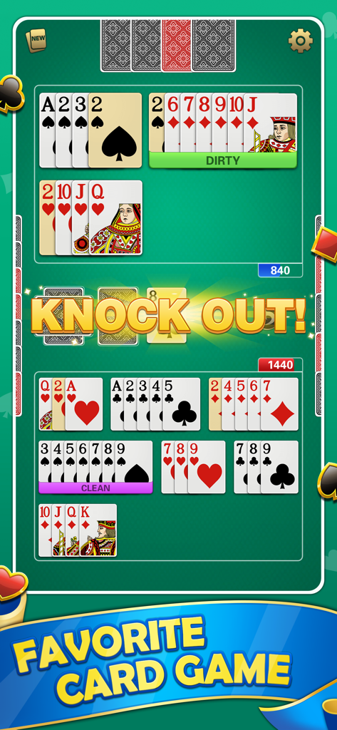 Gameplay screenshot of Buraco Card Game Turbo showing card melds on a green table and a Knock Out message.