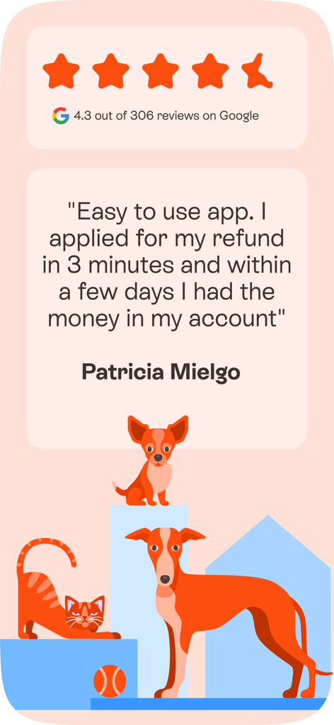 Barkibu. Pets Health 24/7 - Avis sur l'application Barkibu par Patricia Mielgo mentionnant des remboursements d'assurance pour animaux faciles et une note de 4,3 étoiles sur Google.