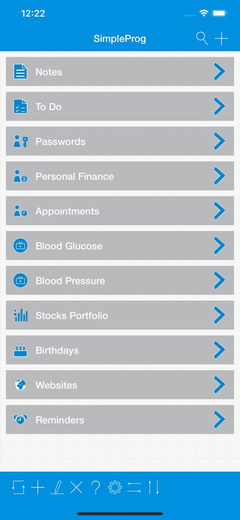 SimpleProg Database Manager - SimpleProg app main menu showing various data tracking templates like notes passwords and health metrics