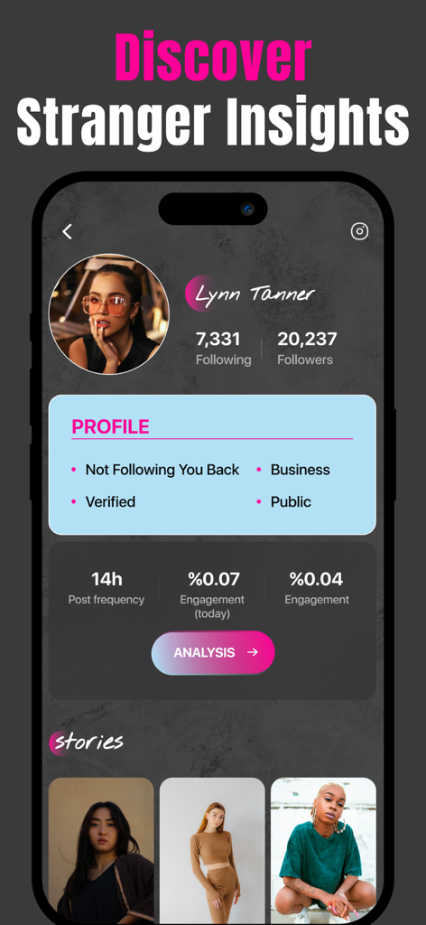 Mobile app interface showing detailed Instagram follower statistics and engagement analysis