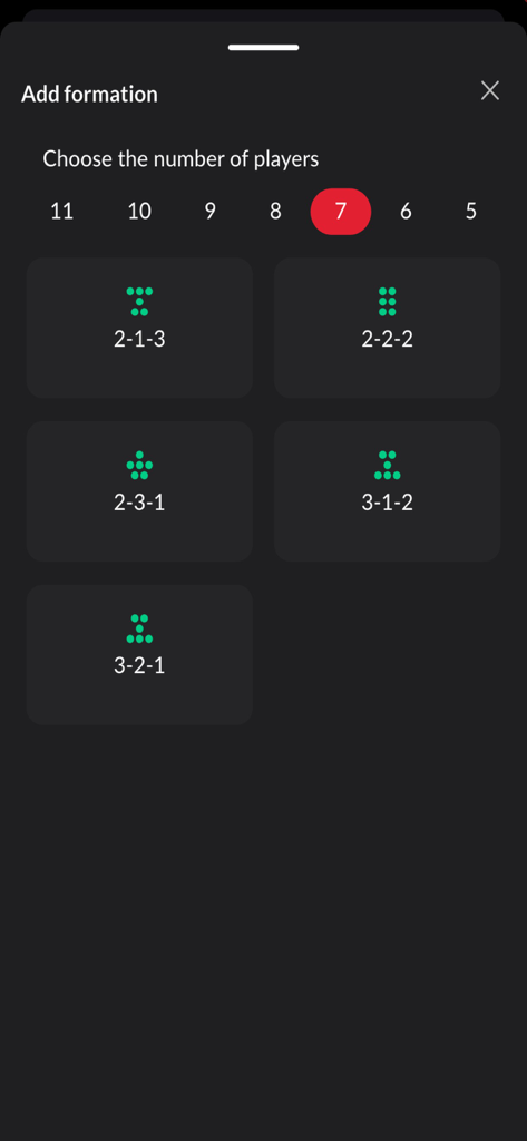 Soccer Lineup Builder: Tactics - Screen for selecting 7-player soccer formations in the Soccer Lineup Builder app showing tactical layouts like 2-3-1 and 3-2-1.