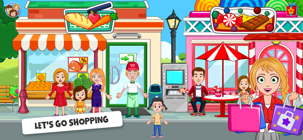 My Town 게임의 슈퍼마켓과 사탕 가게 앞에 있는 만화 캐릭터들