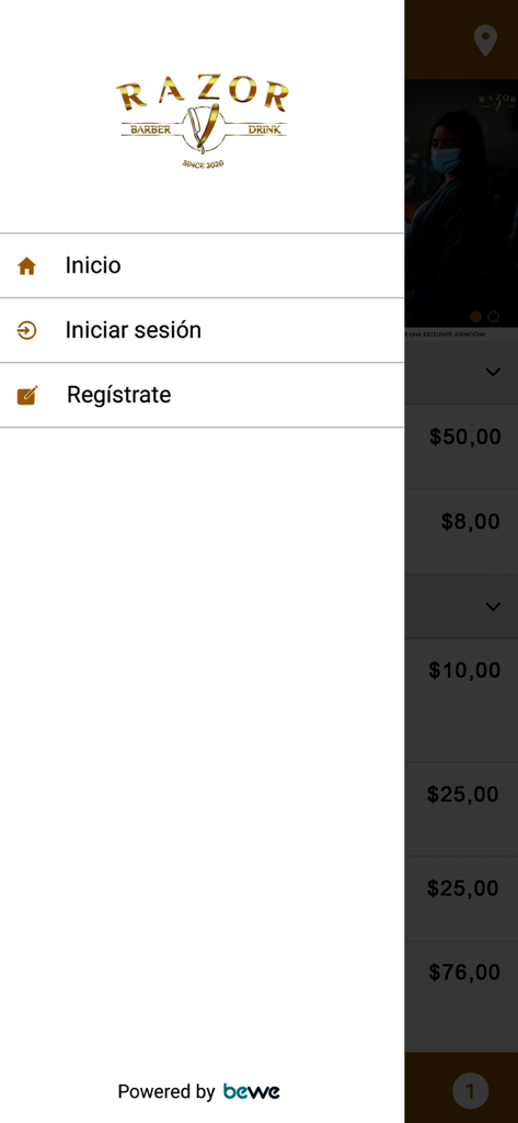 Bewe para clientes - Side menu of the Bewe client app for a barbershop with options to login and register