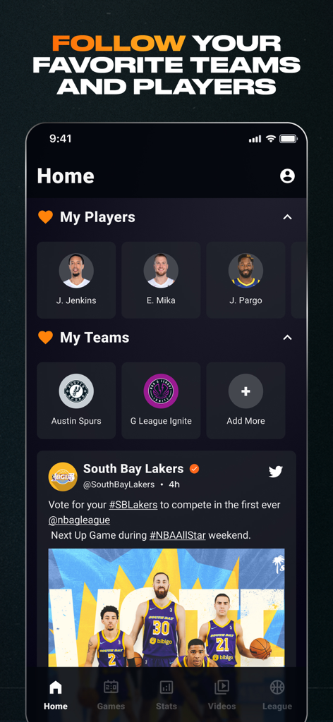 NBA G League - NBA G League app home screen showing personalized sections to follow favorite basketball players and teams.