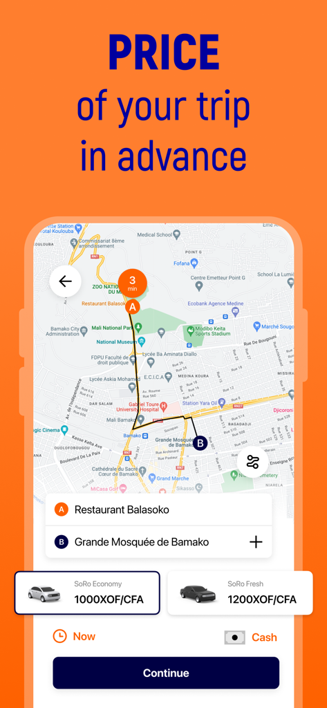 SoRo Service: Bamako Taxi - Screenshot of SoRo Service Bamako Taxi app showing upfront trip pricing and route map