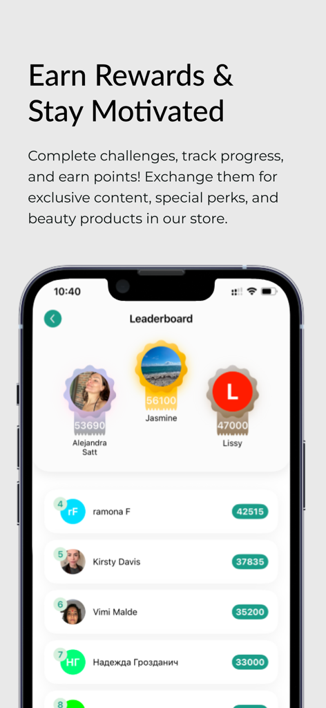 MindBodyFace+ - MindBodyFace plus app leaderboard showing user rankings and reward points.