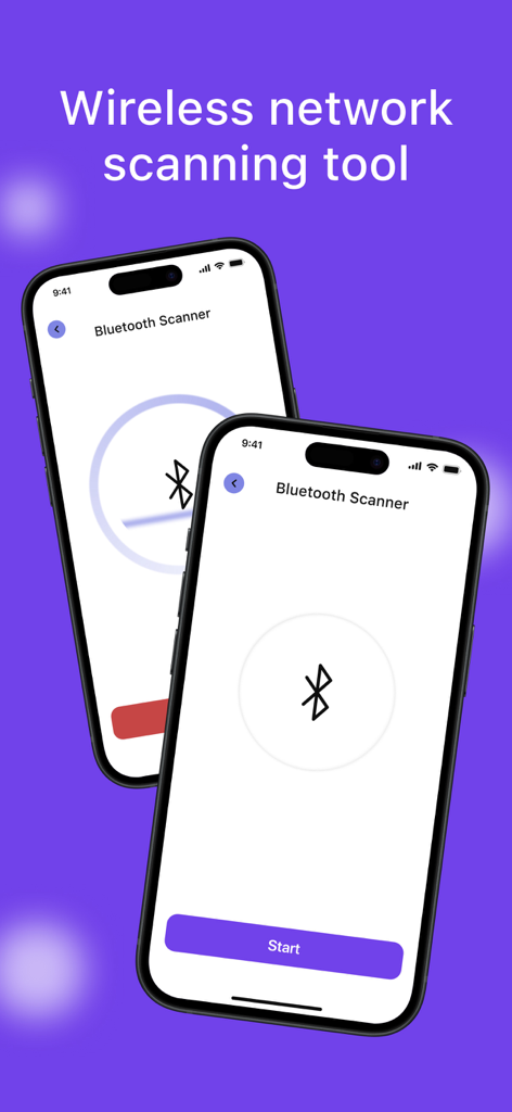 Interfaz de la aplicación Detect Spyware con una herramienta de escaneo de red Bluetooth e inalámbrica.