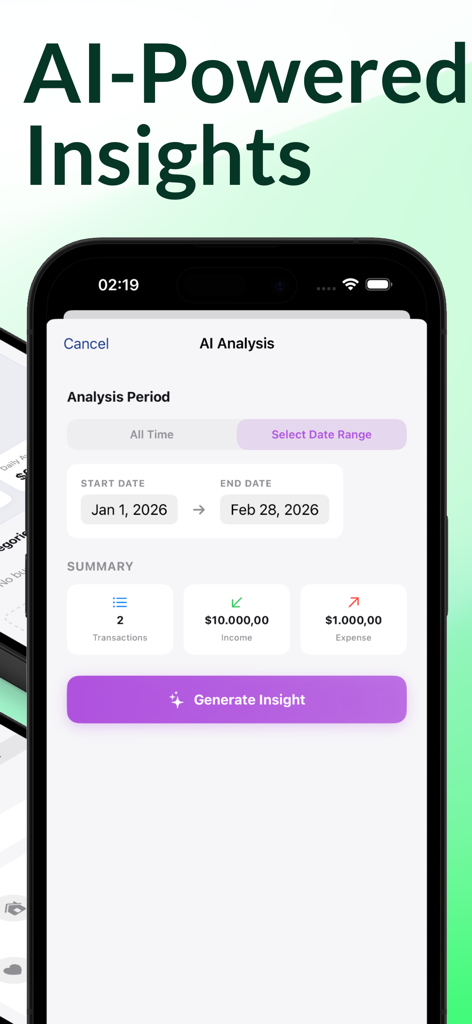 Spendex – AI Budget Tracker - Spendex app screen showing the AI analysis interface with date range selection and financial summary cards