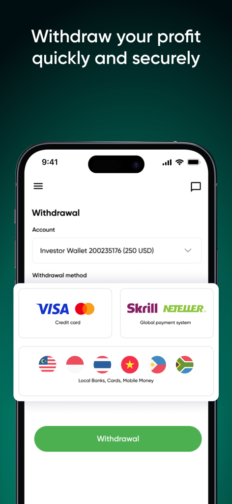 JustMarkets Copytrading - Withdrawal screen of the JustMarkets Copytrading app showing various payment methods like Visa Mastercard and Skrill for quick profit payouts