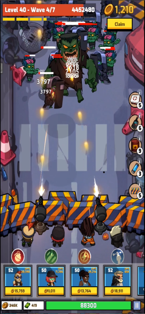 A group of survivors behind a barricade shooting at a giant green zombie boss and waves of enemies in Zombie Idle Defense
