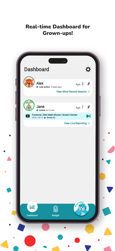 Yeti Confetti Kids - Yeti Confetti Kids parent dashboard showing real-time activity and learning progress for multiple children
