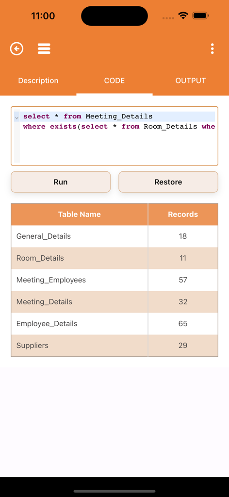 SQL Code Play - SQL Code Play app query editor showing a code input field and database table statistics