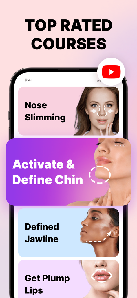 Face Yoga Exercises • Skincare - Interfaz de la app de yoga facial que muestra los cursos mejor valorados, incluyendo adelgazamiento de nariz y definición de mandíbula.