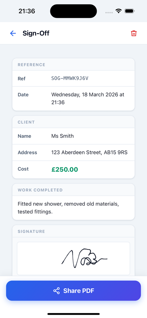 Écran récapitulatif d'un travail terminé avec la signature du client.