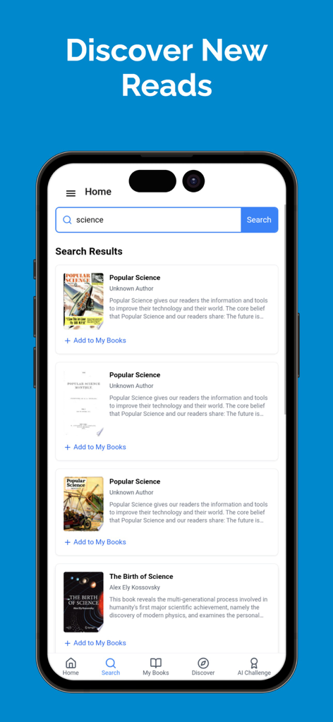 Bookshelf Book Tracker - Interfaz de búsqueda de la aplicación Bookshelf Book Tracker que muestra resultados de libros de ciencia bajo un encabezado Descubre Nuevas Lecturas